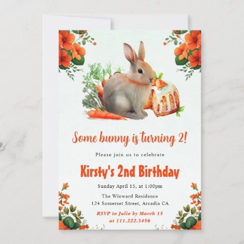 Watercolor Floral Rabbit and Carrots 2nd Birthday Invitation