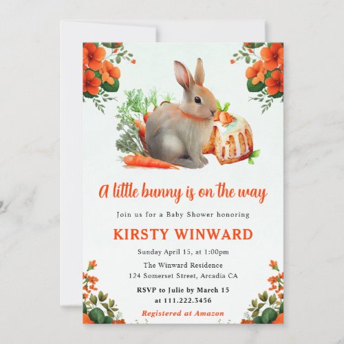 Watercolor Floral Rabbit and Carrots Baby Shower Invitation