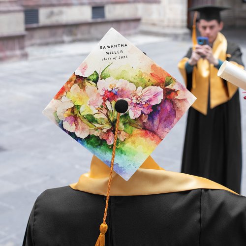 Watercolor Floral Rainbow Graudate Graduation Cap Topper