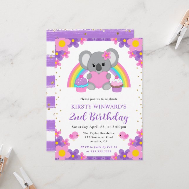 Watercolor Floral Rainbow Koala Birthday Invitation (Front/Back In Situ)