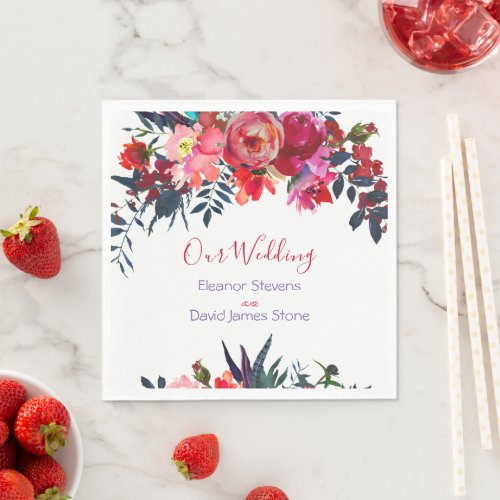 Watercolor floral red and navy wedding napkins