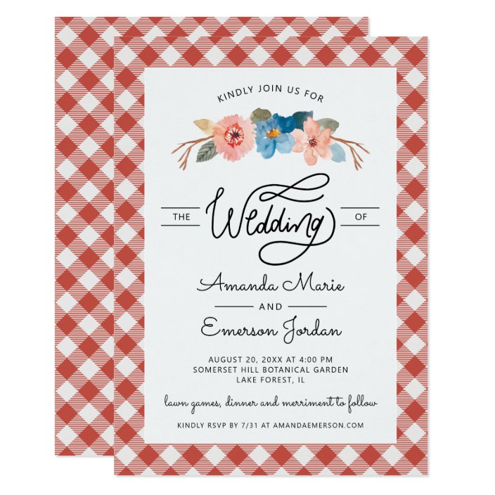 Watercolor Floral Red Check Fun Casual Wedding Invitation