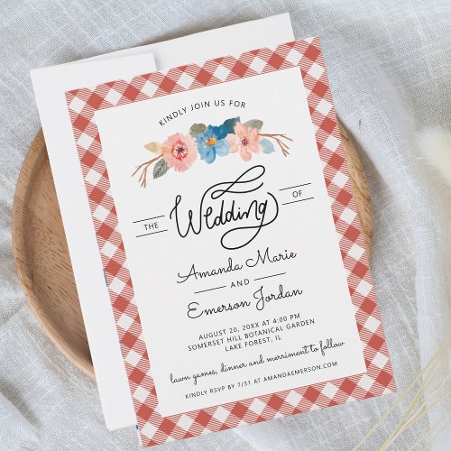 Watercolor Floral Red Check Fun Casual Wedding Invitation