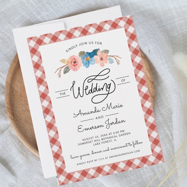 Watercolor Floral Red Check Fun Casual Wedding Invitation (Creator Uploaded)