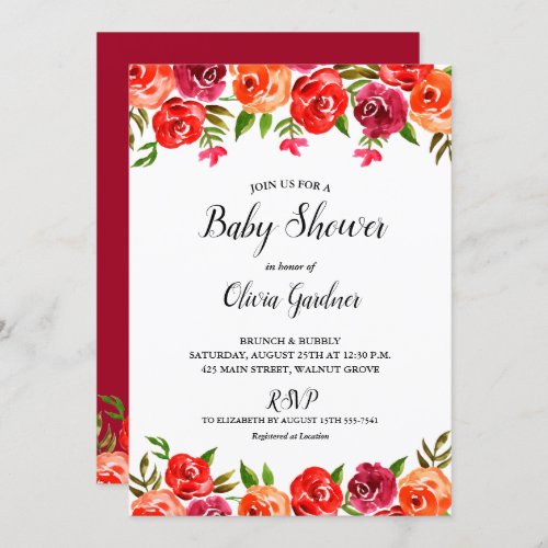 Watercolor Floral  Red Orange Baby Shower Invites