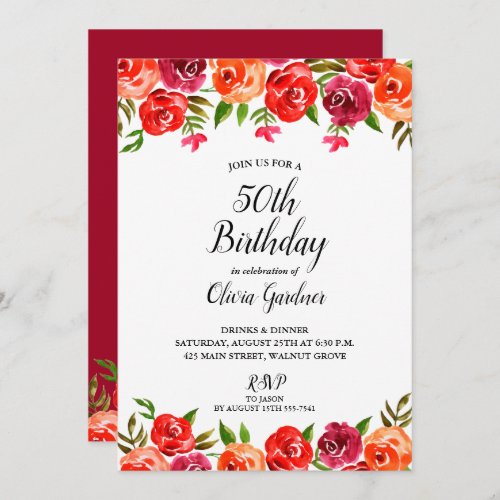 Watercolor Floral  Red Orange Birthday Invitations