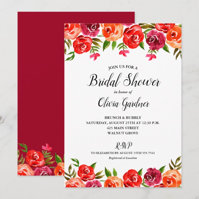 Watercolor Floral Red Orange Bridal Shower Invitation (Front/Back)