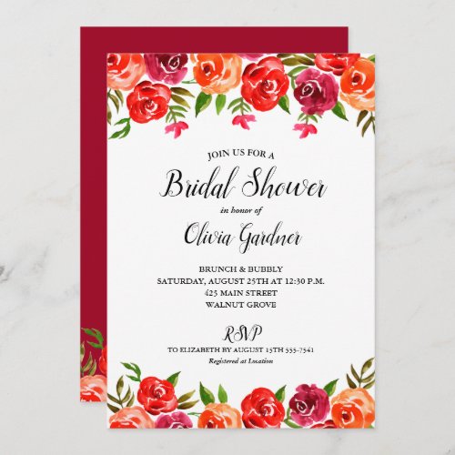Watercolor Floral Red Orange Bridal Shower Invitation