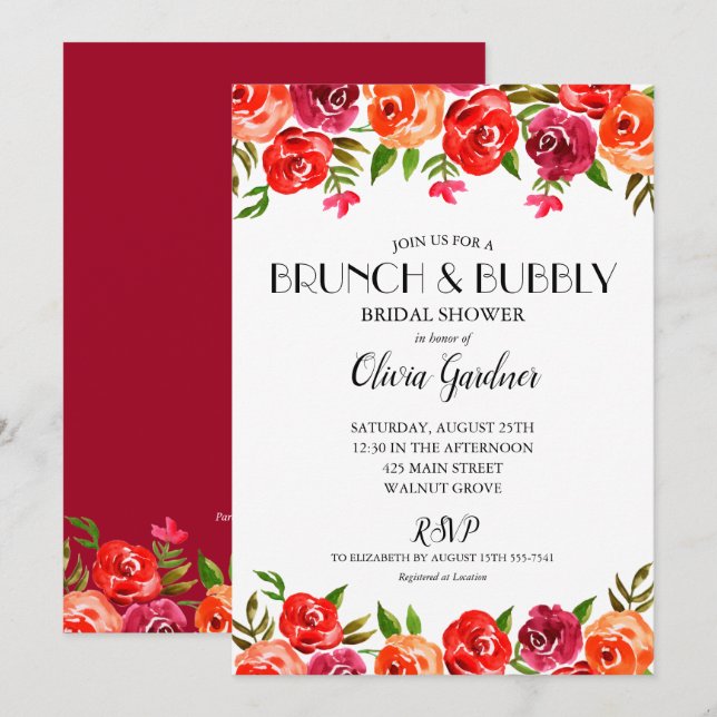 Watercolor Floral Red Orange Brunch Bubbly Invites (Front/Back)