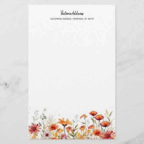 Watercolor Floral Red Orange Daisies Stationery