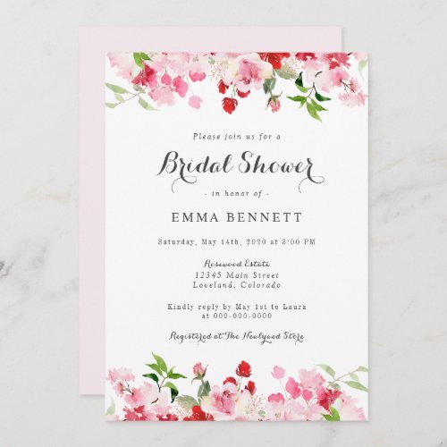 Watercolor Floral Red Pink Bridal Shower Invitation