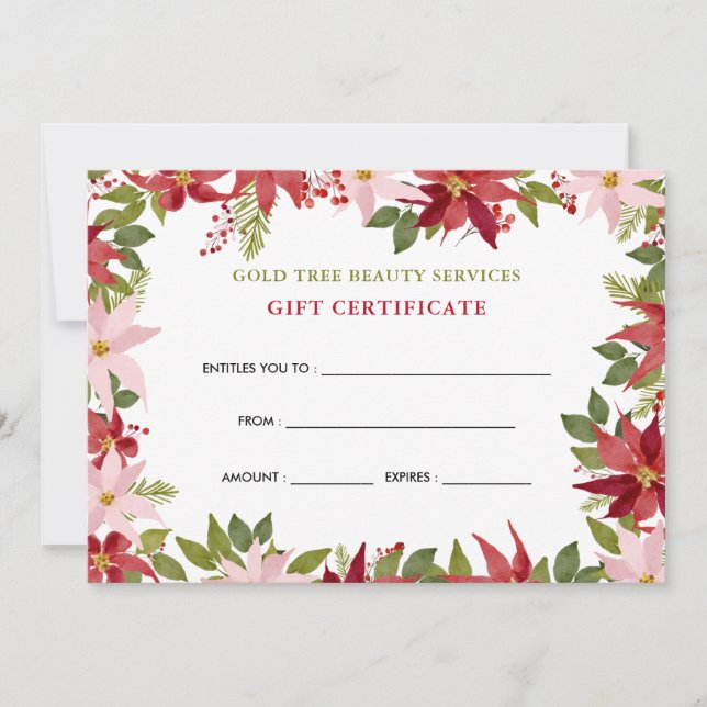 Watercolor Floral Red Poinsettia Gift Certificate (Front)