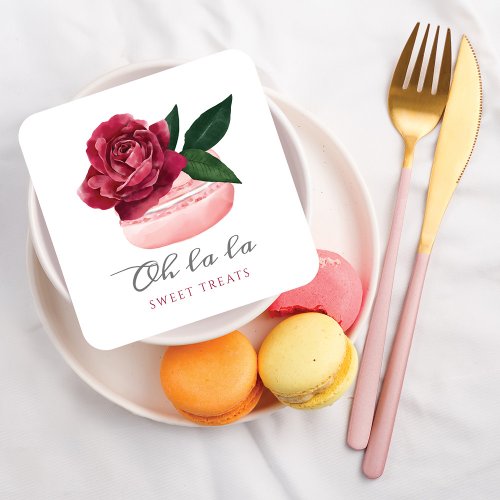 Watercolor Floral Red Rose Macaron Bakery  Sweets Square Business Card
