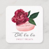 Watercolor Floral Red Rose Macaron Bakery & Sweets Square Business Card (Front)