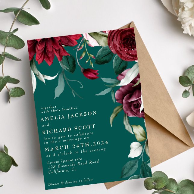 Watercolor floral Red roses Emerald green wedding Invitation (Creator Uploaded)