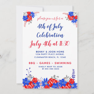 Watercolor Floral Red White Blue Modern Invitation