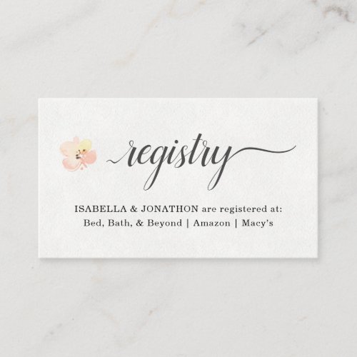 Watercolor Floral Registry Insert for Invitation - Registry Insert - A floral invitation enclosure for a bridal shower, baby shower, wedding, or even a birthday invitation, letting your guests know your registry information.  A delicate flower in blush peach and yellow watercolor on a solid white background contrast nicely with the green watercolors on the reverse side.