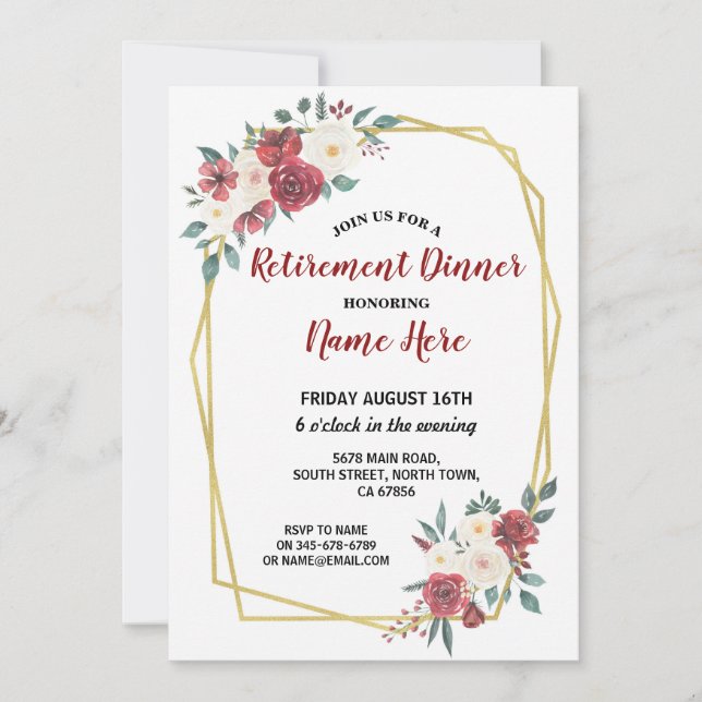 Watercolor Floral Retirement Party Red Cream Gold Invitation (Front)