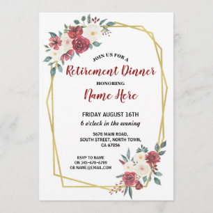 Watercolor Floral Retirement Party Red Cream Gold Invitation