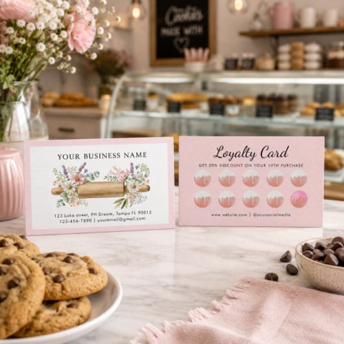 Watercolor Floral Rolling Pin Bakery Loyalty Card