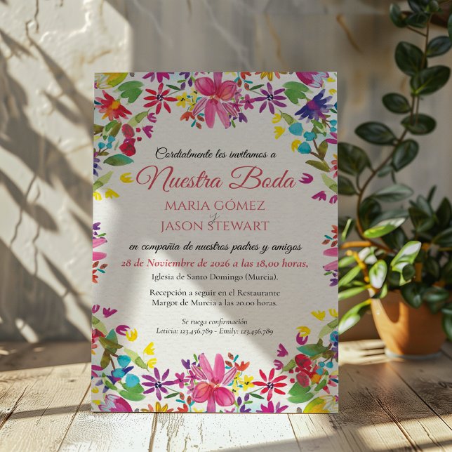 Watercolor Floral Romantic Flowers Spanish Wedding Invitation (Watercolor Floral Romantic Flowers Spanish Wedding Invitation)