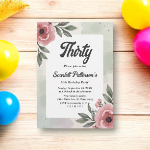 Watercolor Floral Romantic Rustic 30th Birthday Invitation