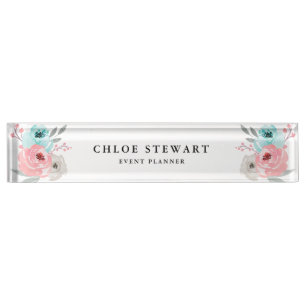 Watercolor Floral Rose and Turquoise Desk Name Plate