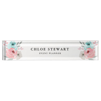 Watercolor Floral Rose and Turquoise Desk Name Plate