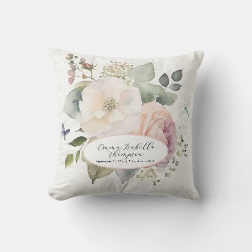 Watercolor Floral Rose Cottage Garden Baby Girl Throw Pillow