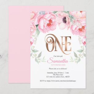 Watercolor Floral, Rose gold, Girl, First Birthday Invitation