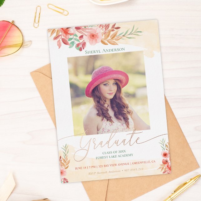 Watercolor Floral Rose Gold Photo Graduation Foil Invitation (Creator Uploaded)