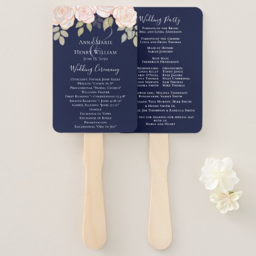 Watercolor Floral Rose Navy Blue Wedding Program  Hand Fan