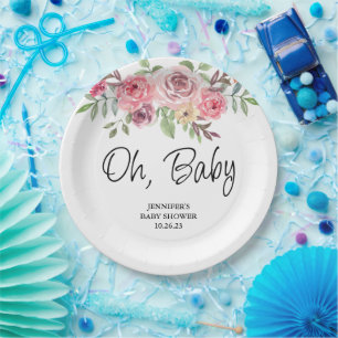 Watercolor Floral Rose Oh Baby Baby Shower Paper Plates