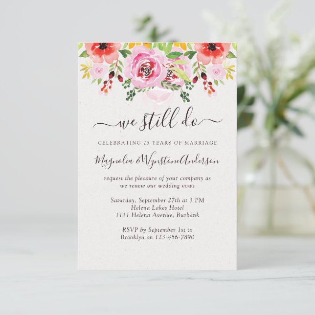 Watercolor Floral Roses Modern Vow Renewal Invitation (Standing Front)