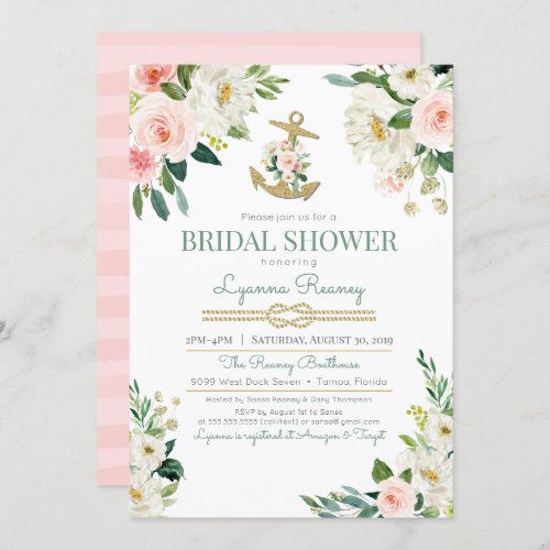 Watercolor Floral Roses Nautical Bridal Shower Invitation