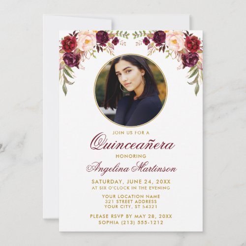 Watercolor Floral Round Photo Frame Quinceanera Invitation