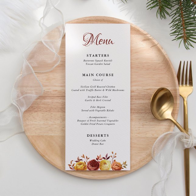 Watercolor Floral Rustic Fall Warm Autumn Wedding Menu (Creator Uploaded)