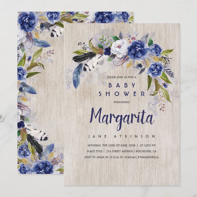 Watercolor Floral Rustic Navy Baby Shower Invitation (Front/Back)