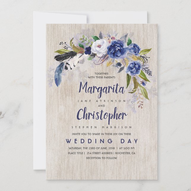Watercolor Floral Rustic Navy Wedding Invitation (Front)