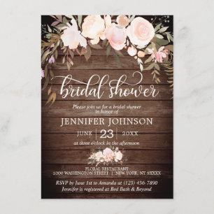 Watercolor Floral Rustic Pink Ivory Bridal Shower Invitation