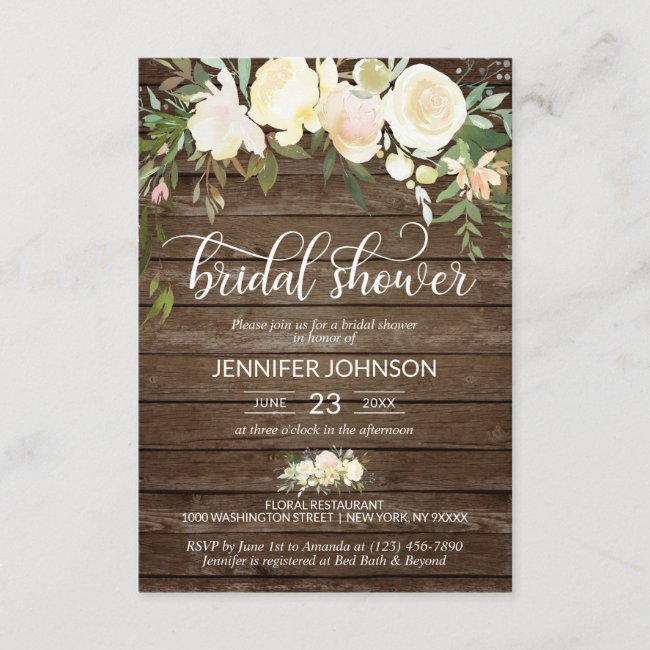Watercolor Floral Rustic Pink Ivory Bridal Shower Invitation