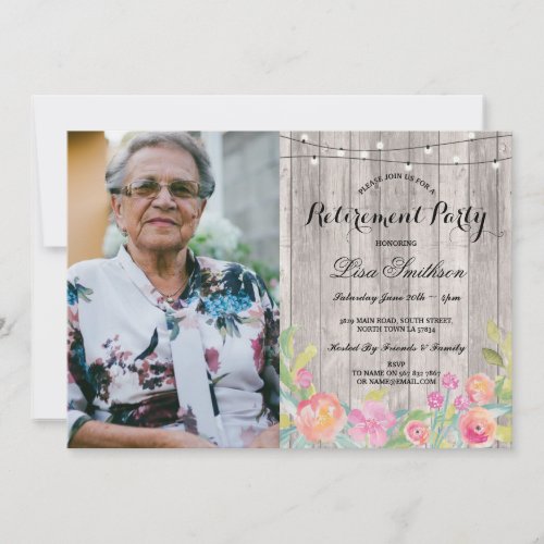 Watercolor Floral Rustic Retirement Party Photo Invitation