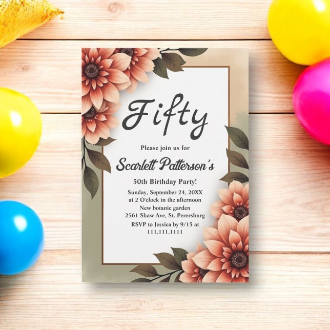 Watercolor Floral Rustic Romantic 50th Birthday Invitation (Creator Uploaded)