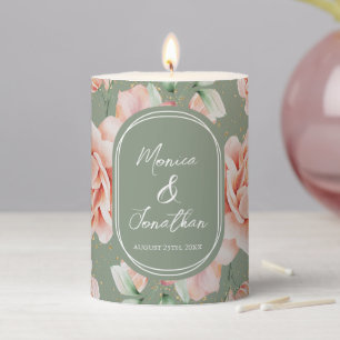 Watercolor Floral Rustic Sage Green Blush Wedding  Pillar Candle