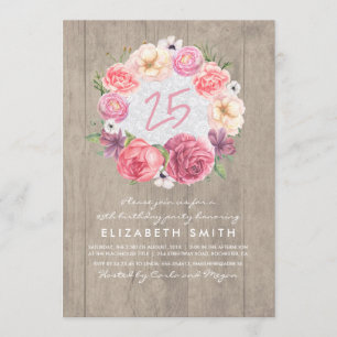 Watercolor Floral Rustic Wood Birthday Party Invitation