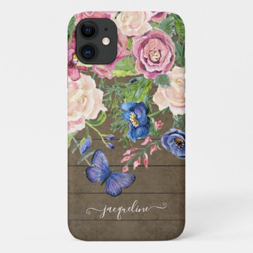 Watercolor Floral Rustic Wood Butterfly Script iPhone 11 Case