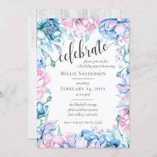 Watercolor Floral & Rustic Wood Farmhouse Birthday Invitation