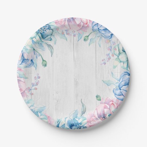 Watercolor Floral  Rustic Wood Farmhouse Birthday Paper Plates