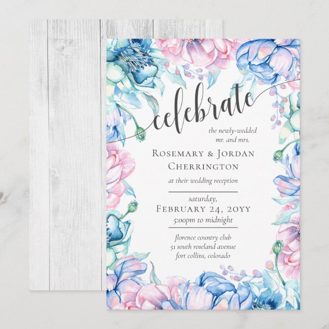 Watercolor Floral & Rustic Wood Wedding Reception Invitation (Front/Back)