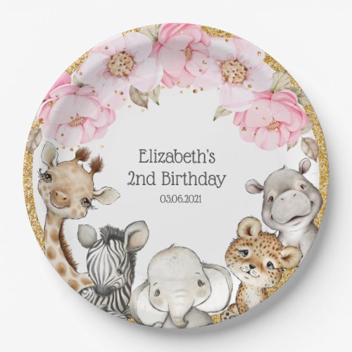 Watercolor Floral Safari Animals Peony Birthday Paper Plates